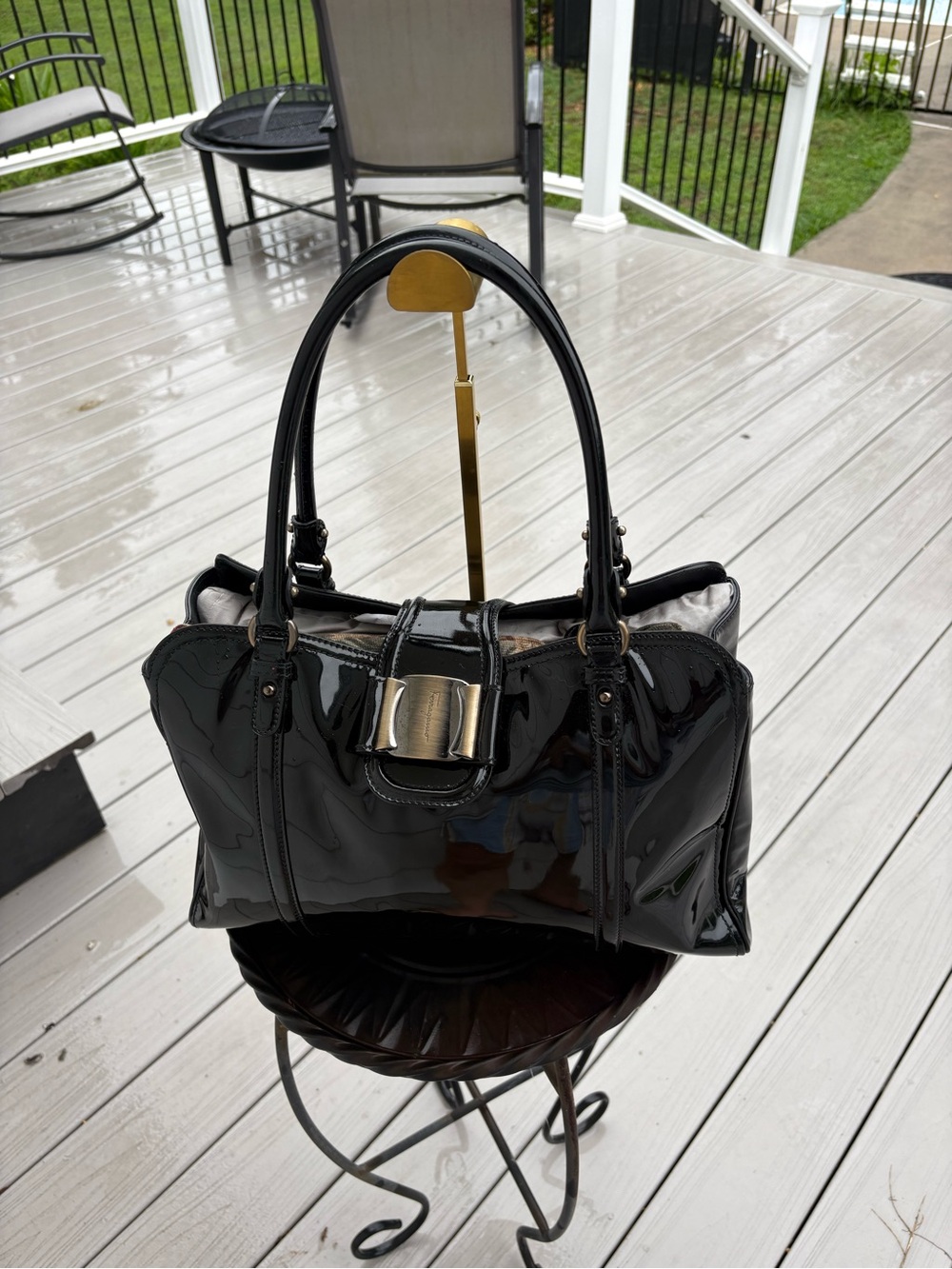 Authentic Salvatore Ferragamo Black Patent Leather Vara Satchel Tote Bag